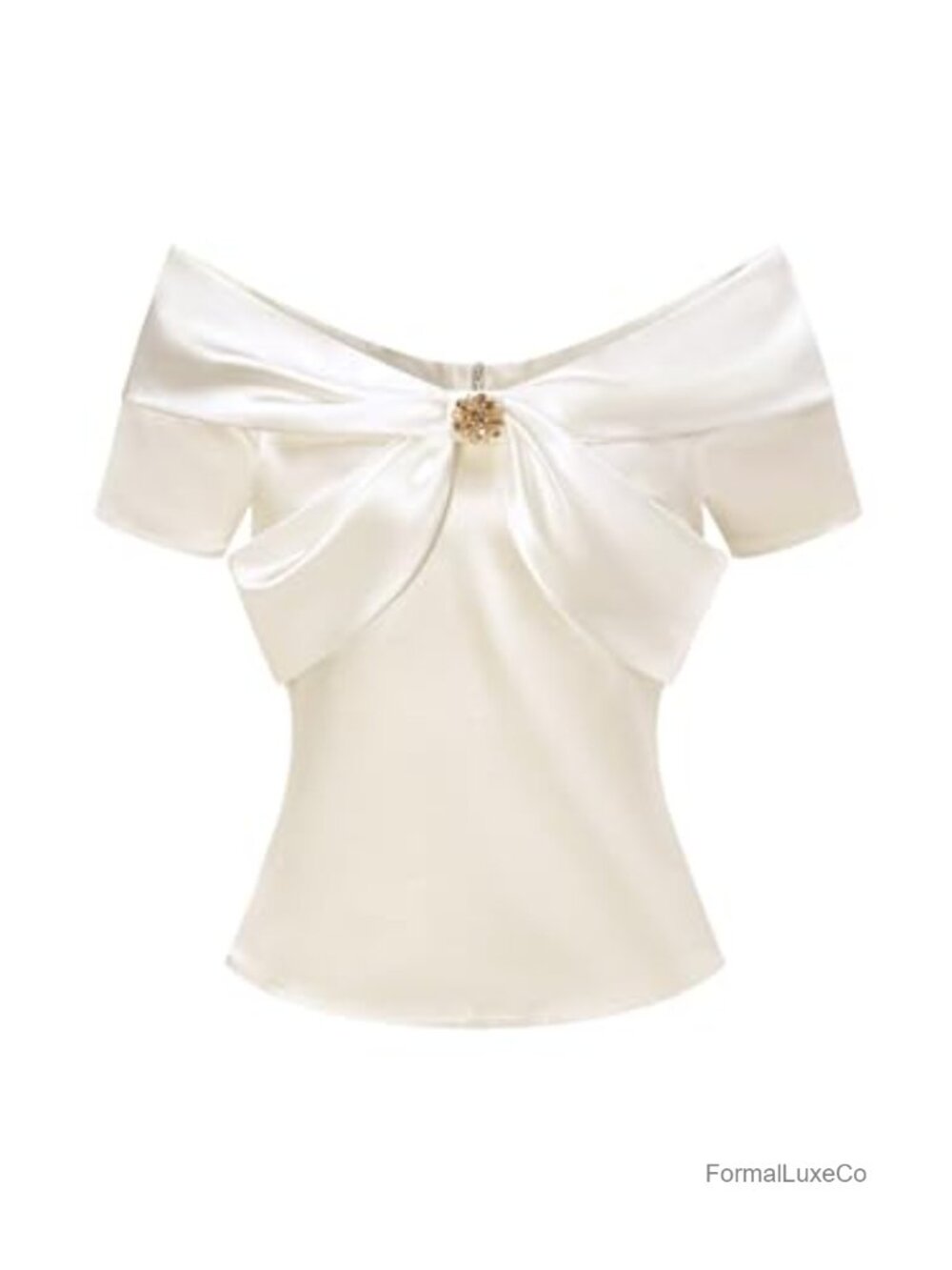 Winkbay Off Shoulder Short Sleeve Satin Blouse Ruched Rhinestone Elegant Party